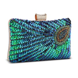 UBORSE - Bolso de mano de noche con lentejuelas y abalorio de pavo real, Peacock Blue 202, Small
