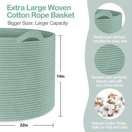 MEGASKET Extra Large Green Basket, 22" X 22" X 14" Woven Cotton Rope Baskets for Storage, Large Wicker Basket, Green Toy Storage Bins Basket, Green Room Office Decor Baskets for Organizing, XXL Basket