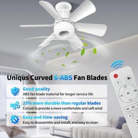 FIBRAVE Ceiling Fan Light, Fan Lights with Remote Control, Stepless Dimmable 30W 1800 Lumens 3000-6500K 3-Color 3-Speed, 16.93'' Small Ceiling Fan with Light for Bedroom, Kitchen, Bathroom(White)