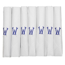 7 Pack Of Mens/Gentlemens White Satin Bordered Handkerchiefs With & Blue Embroidered Initials, W