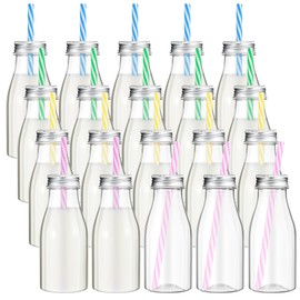 Yinkin 20 Sets Plastic Milk Bottles with Straws Lids Clear Plastic Containers for Dairy Milk Party Bottle for Juices Shakes Smoothies (8 oz,Pastel Color)