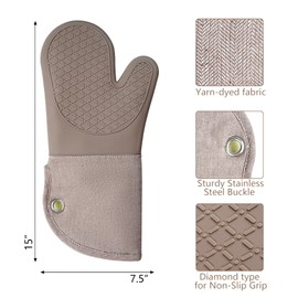 Professional Microwave Silicone Oven Mitts one Pair, Kitchen Mitten Set for Heat Resistant with 500 Degrees, Kitchen Gloves Pot Holder for BBQ Cooking Baking (Khaki)
