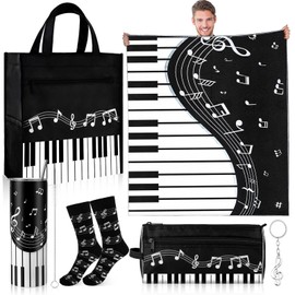 6 Pcs Music Teacher Gifts Christmas Gifts for Piano Teacher Music Lover, Music Appreciation Gift Stuff Music Blanket 20 oz Stainless Steel Insulated Tumbler Piano Handbag Cosmetic Bag Sock Keychain