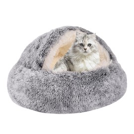 Round Hooded Cat Bed & Dog Bed with Cover Cave, Dog Bed for Small Dogs, Faux Fur Cuddler Round Coved Cat Bed Self Warming Donut Dog Bed (Gray, 20inch x 20inch)