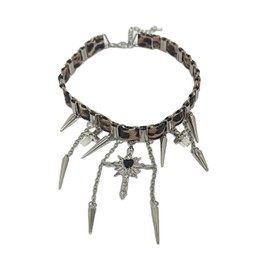 PLOUTOS Leopard Chain Choker Necklace With Gothic Spike Charms And Black Cross Pendant, Punk Statement Adjustable Collar Jewelry For Women Party Fashion (Silver)