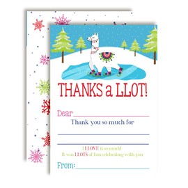 Winter Llama Ice Skating-Themed Thank You Notes for Kids, Ten 4" x 5.5" Fill In The Blank Cards with 10 White Envelopes by AmandaCreation