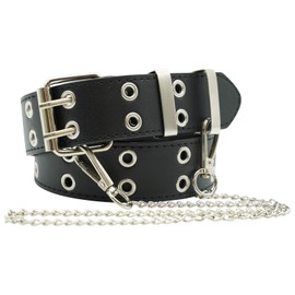 Ro Rox Rudie Gothic Grunge Punk Double Eyelet PU Belt with Square Buckle & Chain - Black (M)