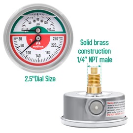 Roastove Tridicator, Thermo-Manometer, 2-1/2", Silicone Oil Filled, 0-160psi/30-250 deg F, Stainless Steel Case, 1/4" NPT Back Mount