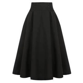 Dark Academia Clothing High Waisted Fall Winter Midi Black Pleated Skirts with Pockets (Black, X-Large)