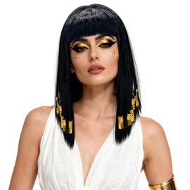 YAUOIPI Women's Egyptian Style Wig Costume Wig for Adults with Bangs and Golden Braiding Straight Black Bob Hair with Fringe for Halloween Costumes Vintage Party Decoration (Black)