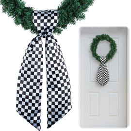NUVCELKA Checkered Racing Wreath Sash for Front Door, Black White Tie Bow Race Car Holiday Ribbon Decorations DIY Home Birthday Accessories