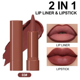Erinde 2-in-1 Lip Liner and Lipstick Lip Combo Set, Matte Nude Dark Brown Red Lip Liners Creamy Lip Pencil, High Pigmented Long Lasting Waterproof Smudge Proof Lip Liner Lipstick Crayon Makeup, 03#