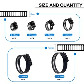 BESTYCHAO 30pcs Hose Clips Stainless Steel Hose Clamps Assorted 6 Adjustable Range 6-51mm Pipe Hose Clamps for Plumbing, Automotive and Mechanical (Black)