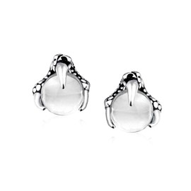 Gothic Punk Rocker Biker Jewelry White Translucent Opalite Ball Orb Dragon Claw Stud Earrings For Men For Women Silver Tone Black Oxidized Stainless Steel