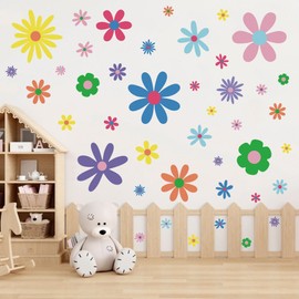 Daisy Wall Decals Boho Flower Wall Decals Vinyl Groovy Wall Stickers for Girls Bedroom Kids Room Baby Nursery Classroom Wall Decor (Multicolor)