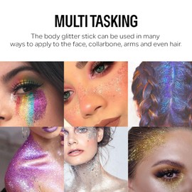 KYDA Body Glitter Stick, Chunky Glitter Gel for Face Body Hair, Sparkling Holographic Mermaid Sequins Paint, Waterproof Multiuse Makeup Glitter Gel, Silver