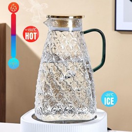 Borosilicate Glass Pitcher with Stainless Steel Gold Lid - 1.8L Ideal Fridge Door Water Pitcher for Hot or Cold Beverage, Iced Tea, Juice, Milk, Coffee, Lemonade