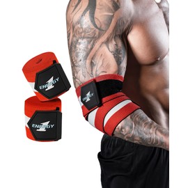 kcross Elbow Wraps for Weightlifting, 47" Strengthening support Elbow Sleeve Weightlifting (1 Pair) for Powerlifting, Bench Press, Gym Workout (Red White Striped)