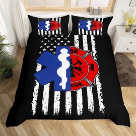 Firefighter EMT Badge Bedding Set Queen Size,Practitioner Fireman Themed Duvet Cover Set for Children Bedroom Present, Stars Stripes American Flag Microfiber Comforter Cover with 2 Pillowcases, Soft