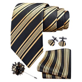 GUSLESON Gold Striped Tie for Wedding Mens Silk Black Necktie Pocket Square Cufflinks and Lapel Pin Brooch Set (6108-46)