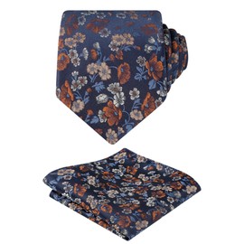 Alizeal Mens 3.15inches Flower Patterned Tie with Floral Printed Pocket Square, Navy+Orange