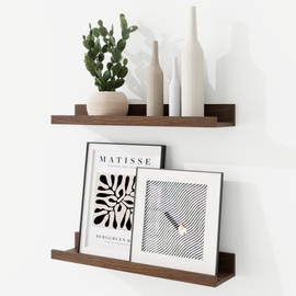 RICHFOCUS Picture Ledge Shelf, 16 inch Floating Shelves Set of 2, Wood Wall Shelves with Lip, Wall Decor Storage for Bedroom Living Room Bathroom Kitchen Nursery Photo Picture, Walnut