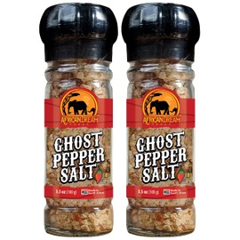 Ghost Pepper Salt Seasoning by African Dream Foods | Spicy Chili Salt with only Natural Hot Ghost Peppers & Sea Salt | Ideal for Meat, Chicken, Seafood | Reusable Grinder, 3.5 oz | 2-Pack