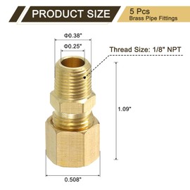 sourcing map 2Pcs Brass Pipe Fitting, 1/4" OD x 1/8" NPT Male Brass Compression Tube Fitting, Brass Compression Union Connector, Brass Straight Coupling Adapter Fitting Fit 1/4" Pipe