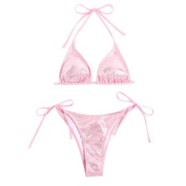 Verdusa Women's 2 Piece Bathing Suit Glitter Triangle Top Tie Side Thong Bikini Swimsuits Pink M