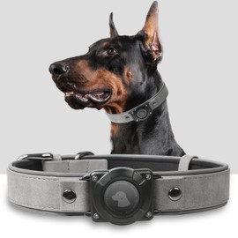 AirTag Dog Collar - Leather Dog Collar with Air Tag Holder | IPX8 Waterproof, Reflective, High - End, Adjustable Soft Padded | Dog GPS Tracker Collars Fit for Medium Large Dogs (Grey, L)