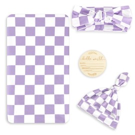 TANOFAR 4-Pack Newborn Swaddle Blanket for Baby Girls & Boys, Ultra Soft Receiving Blankets with Matching Headband and Beanie Set Baby Nursery Swaddle Wrap (Purple Checkerboard)
