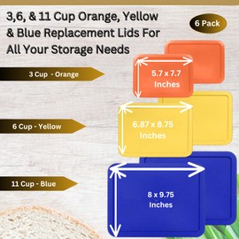 3, 6, 11 Cup Rectangle Replacement Lids/Covers for Pyrex, Anchor Hocking & KlareWare Storage Bowls *Lids Only -Glass Container Not Included*, 6 Pack *2 of Each Size* Orange, Yellow, Blue