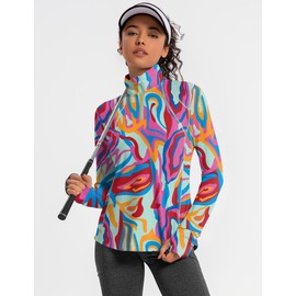 IECCP Women Long Sleeve Shirts UPF 50+ Sun Protection 1/4 Zip Summer Moisture Wicking Workout Tops Hiking Fishing Rash Guard Quarter Zip Pullover (Rainbow Texture Stripes,S)