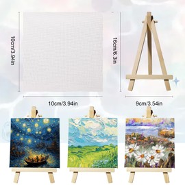 8-Piece Mini Canvas with Mini Easel Set - Triangle Easel Made of Solid Wood for DIY Painting Children's Art Creative Gifts (10 x 10 cm Canvas and 9 x 16 cm Stand)