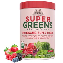 Country Farms Organic Super Greens Berry Flavor, 50 Organic Super Foods, Packed with Fiber, USDA Organic Drink Mix, Fruits, Vegetables, Mushrooms & Probiotics, Supports Energy, 5g Fiber