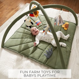 Beautiful Baby Play Gym and Tummy Time Mat - Soft Mat with 5 Farm Toys Creates The Perfect Activity Area for Your Girl/Boy - Stylish Infant Floor Playmat Fits Nicely with Any Playroom Decor