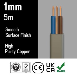 Primes DIY Electric Socket Wire Cable 1mm Twin and Earth Flat Grey PVC Lighting Electric Cable 6242Y Electrical Wire BASEC Approved (5 Meter)