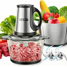 3-Speed Electric Food Processor: Meat Grinder, Vegetable Chopper & Baby Food Maker - 300W, 2 Bowls (8 Cup Stainless Steel+8 Cup Glass), Quiet Operation