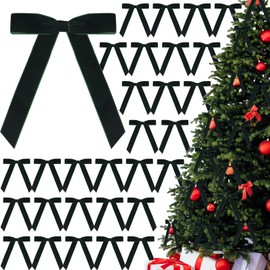 30 Pcs Christmas Velvet Wreath Bow, 5 x 7 Inch Vintage Velvet Ribbon Bows Rustic Crafts Gift Bows for Indoor Outdoor Wreaths Garland Holiday Xmas Tree Wrapping Crafts (Dark Green, Width of 1")