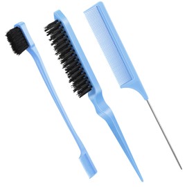 Geiserailie 3 Pcs Slick Back Hair Brush Set Bristle Hair Brush Edge Control Brush Teasing Comb for Women Baby Kids' Black Hair (Blue)