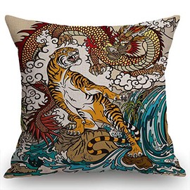 Swono Chinese Dragon and Tiger in The Landscape with Waterfall Cotton Linen Throw Pillow Case Cushion Cover Home Office Decorative for Sofa Living Room Square 18 X 18 Inches