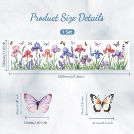 Peacoblue Window Static Cling Decal Sticker Double-sided for Large Glass Window, 1 Sheet Iris and Butterflies 47.2"x11.8" Waterproof Removable Window Decal for Home Office Classroom Decoration