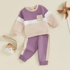 MAHUAOYIXI Toddler Baby Girls Boys Outfits Contrast Color Long Sleeve Sweatshirt Top with Elastic Waist Pants Sets 2Pcs Baby Clothes for Boys Girls Fall Winter Spring (Purple, 2-3 Years)