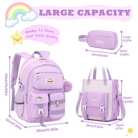 MUSEVOS Kawaii Girls Backpack for School with Convertible Shoulder Tote Bag，Cute Teenage Multiple Pockets Backpack for Primary Elementary High School, Purple 3 Pcs Set