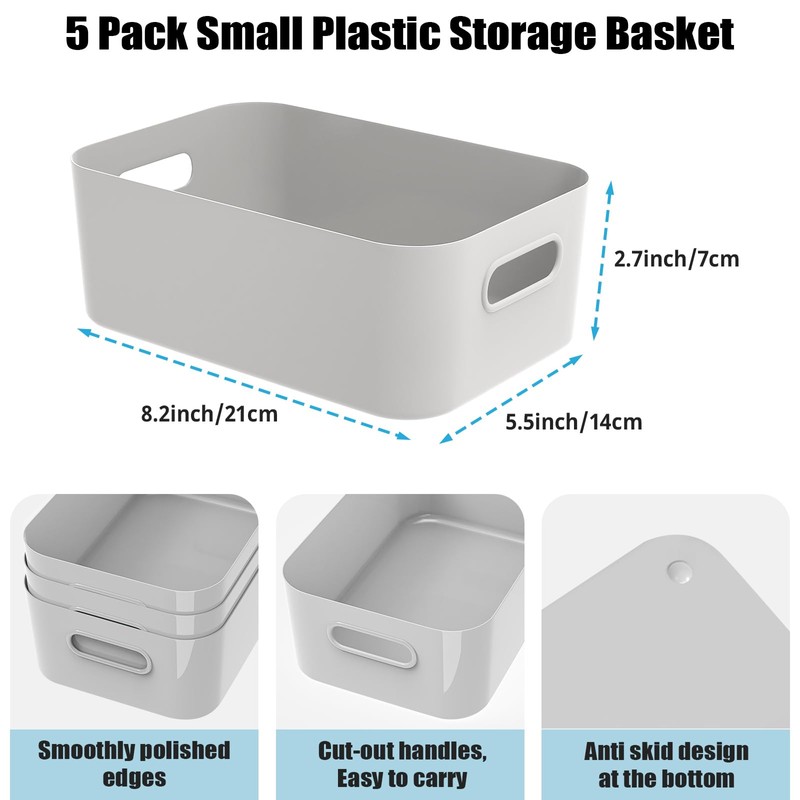 5 PCS Grey Plastic Storage Baskets with Handle, Rectangular Kitchen