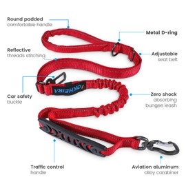 IOKHEIRA Dog Leash, Multifunctional Dog Leashes for Medium& Large Dogs, Red Adjustable Dog Leash with Car Seatbelt, 4-6 FT Strong Bungee Dog Leash