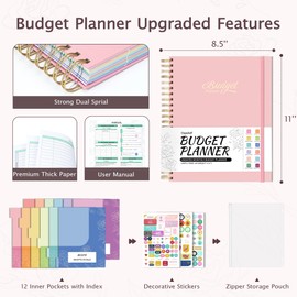 Ospelelf Budget Planner 2024-2025 Bill Organizer with Stickers, 8.5 x 11'' Budget Book with 12 Pockets for Savings, Debt, Expense Tracking (Pink)