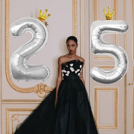 40 Inch Silver Crown Number 25 Balloons, 25th Large Foil Helium Balloons, Gold 25th Celebration Decor Happy 25th Birthday Party,25th Birthday Party Decoration Wedding Anniversary Events Supplies