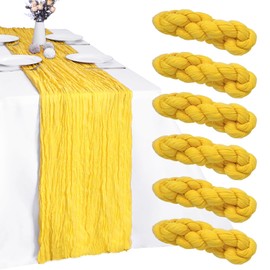 RestfulGlow 6 Pack Yellow Cheesecloth Table Runner 10FT Boho Gauze Fabric Table Runner 35 x 120 Inch Rustic Sheer Runner for Wedding Birthday Baby Shower Party Boho Table Decoration（Yellow）