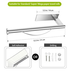 Paper Towel Holder Under Cabinet, Single Hand Operable Tearing Off Paper Towels with Damping Effect, Both Available in Adhesive and Screws, Stainless Steel (Silver)